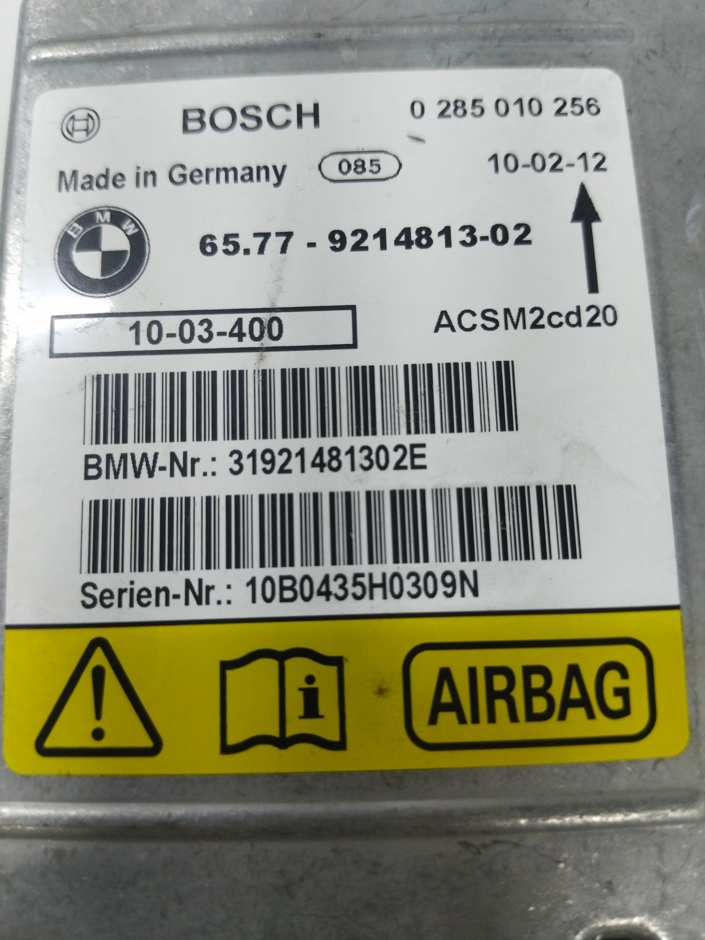 0 285 010 256. AIRBAG MODULO RESET BMW 65.77-9214813-02